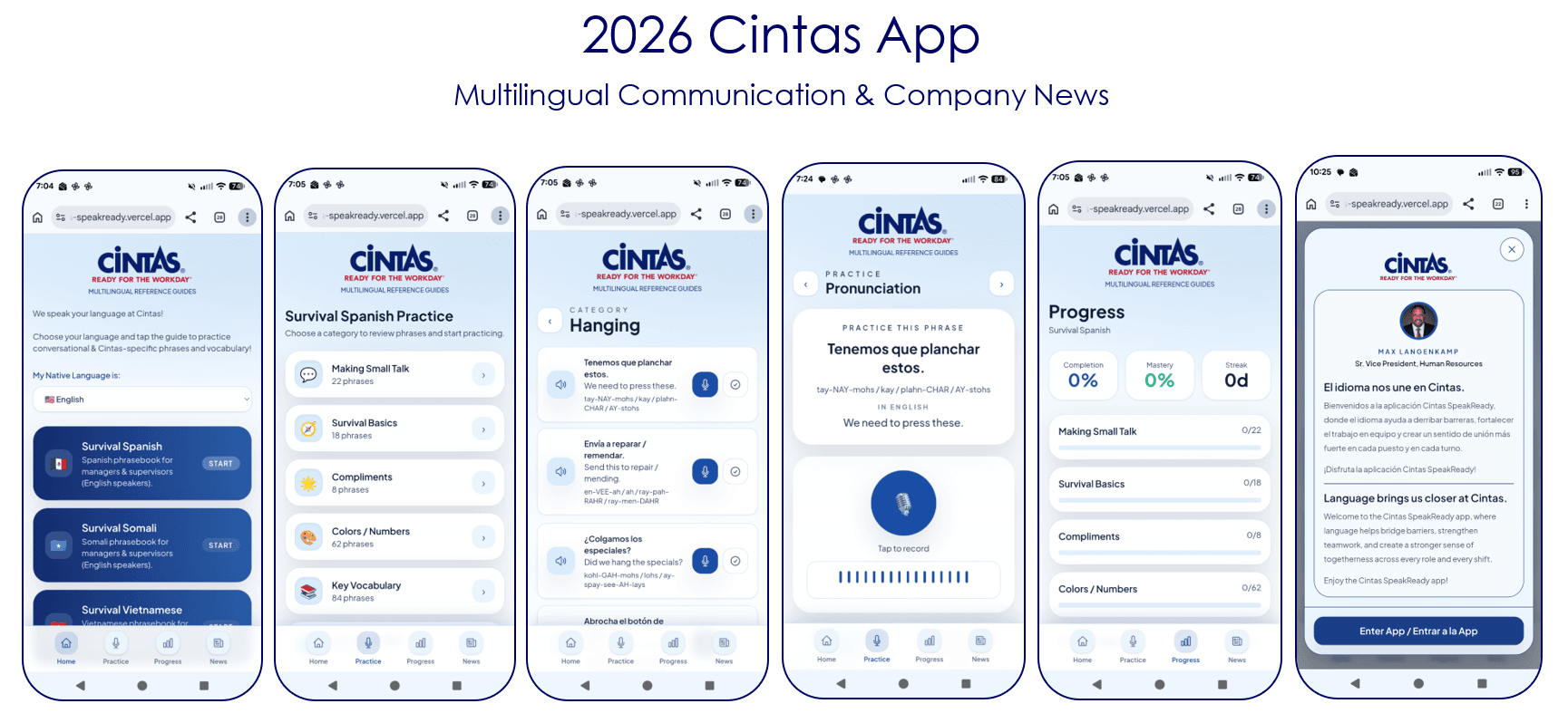 SpeakReady Cintas pantallas de aplicaciones móviles para la comunicación multilingüe de la empresa