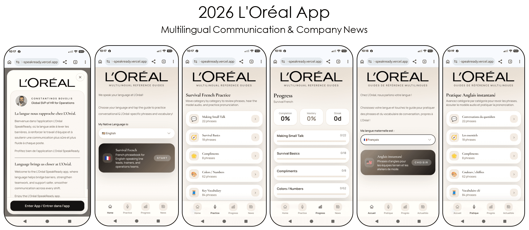 L'Oréal SpeakReady pantallas de aplicaciones móviles para la comunicación multilingüe de la empresa